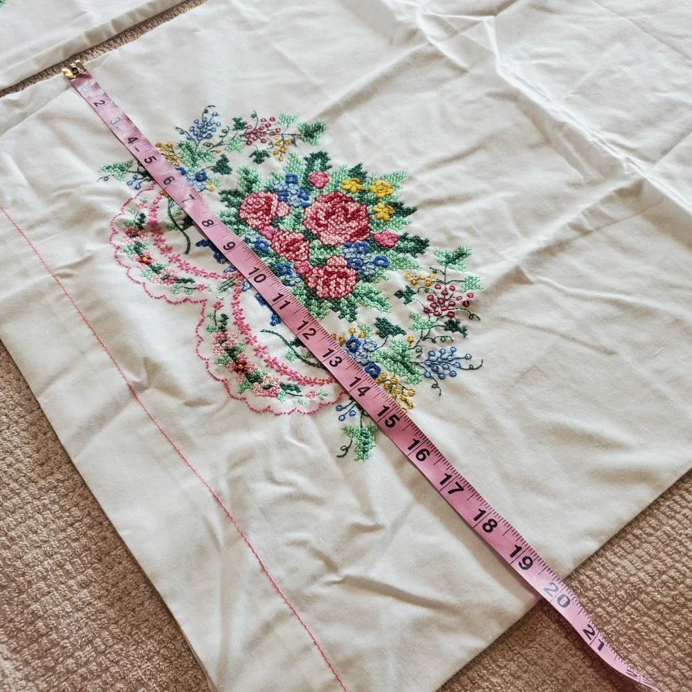 Bouquet Cross Stitch Pillow Cases Completed Set Of 2 Victorian Country Cottage
